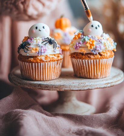 Autumn-themed Halloween cupcakes with cute decorative elements. Food decorating process.の素材