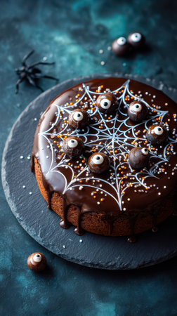 Chocolate Halloween cake with spider web toppers.の素材