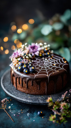 Spooky layered chocolate cake decorated with edible decorations.の素材
