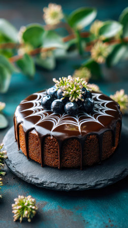 Spooky layered chocolate cake decorated with edible decorations.の素材