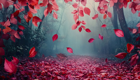 Red autumn leaves fading into soft fog.の素材