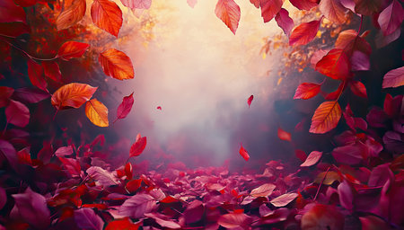 Colorful seasonal foliage in foggy landscape.の素材