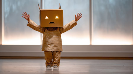 Kid dressed in handmade cardboard costume for eco Halloween. Sustainability and imagination.の素材