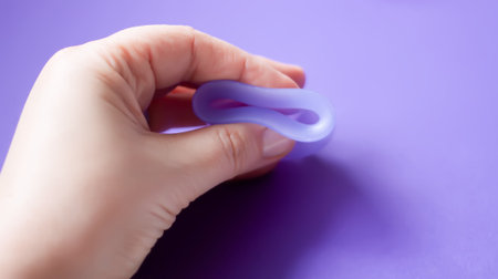 Purple silicone menstrual cup held gently in a woman's hand. A modern symbol of hygiene and eco awareness.の写真素材