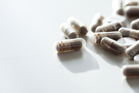 Clean composition with vitamins and capsules. A minimalist view of healthcare and nutrition.の写真素材