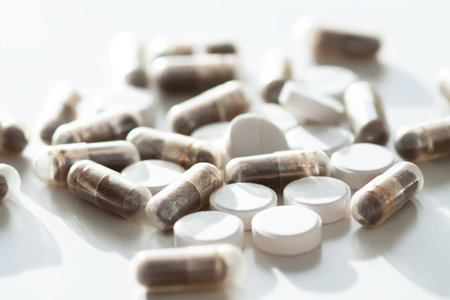 Clean composition with vitamins and capsules. A minimalist view of healthcare and nutrition.の写真素材