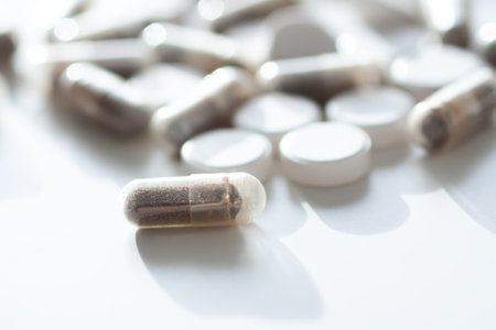 Clean composition with vitamins and capsules. A minimalist view of healthcare and nutrition.の写真素材