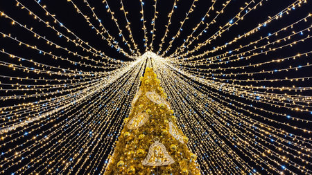 Nighttime city streets highlight a decorated holiday tree. The moment reflects joy, light, and festive urban spirit.の写真素材