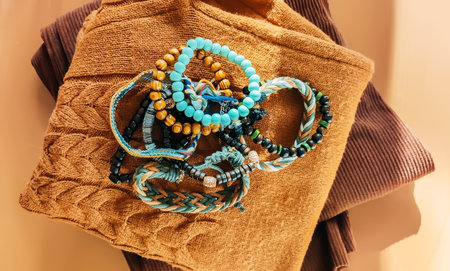 Vibrant wooden jewelry rests on a cozy woven background. The scene reflects creativity, natural charm, and gentle warmth.の写真素材