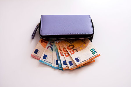 Close-up of euro bills inside a leather wallet. Security and modern financial tools.