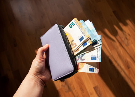 Leather wallet opened to reveal euro currency. Finance, budgeting, and careful money management.