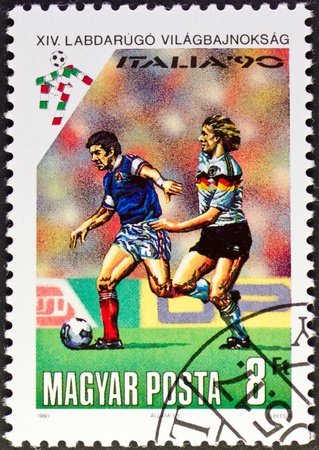 HUNGARY - CIRCA 1990: a stamp printed in Hungary,commemorating the World Cup Italy 90,circa 1990のeditorial素材
