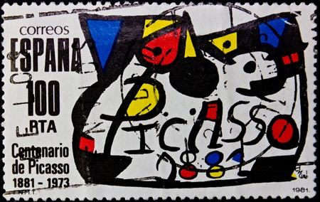 SPAIN - CIRCA 1981: A stamp printed in Spain,commemorating the centenary of the death of pablo picasso,circa 1981.のeditorial素材