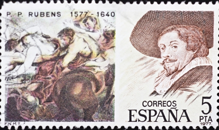 SPAIN - CIRCA 1977: A stamp printed in Spain,shows a portrait and paint of Peter Paul Rubens,circa 1977.のeditorial素材
