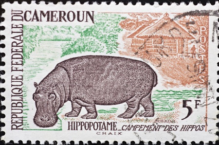 CAMEROON - CIRCA 1962: A stamp printed in Cameroon,shows a rural scene with a hippo,circa 1962.のeditorial素材