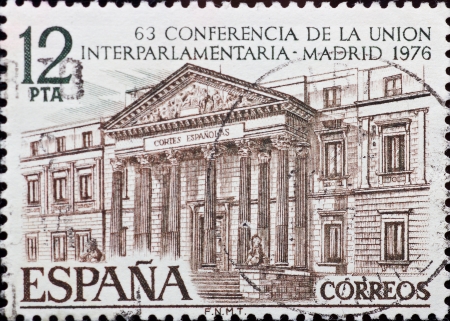 SPAIN - CIRCA 1976: A stamp printed in Spain ,commemorating the 63rd conference of the Interparliamentary Union,circa 1976.のeditorial素材