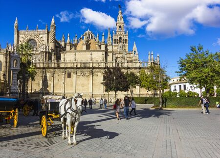 View of the cathedral of Seville with Giralda tower,Spain のeditorial素材