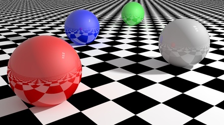 Abstract Render of Four Spheres on Geometric Chess Board の写真素材