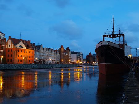 Riverside at dawn in Gdansk, Poland.の写真素材