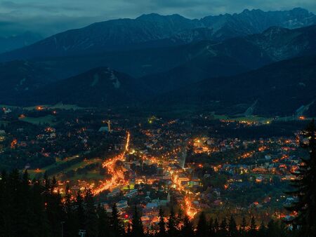 The view at night city Zakopane, Poland.の写真素材
