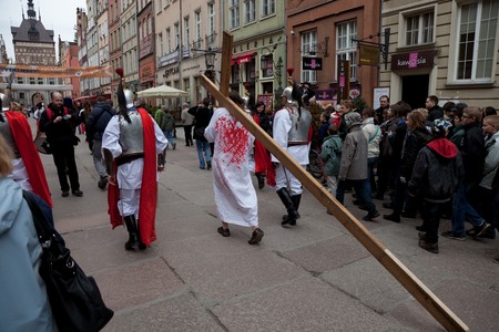 Presentation Mystery of the Passion of Jesus Christ, played by actors with the participation of the spectators April 3, 2010 in Gdansk, Poland.のeditorial素材