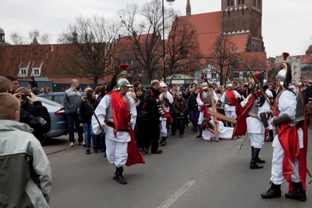 Presentation Mystery of the Passion of Jesus Christ, played by actors with the participation of the spectators April 3, 2010 in Gdansk, Poland.のeditorial素材