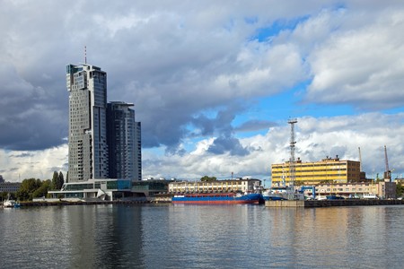 Port city of Gdynia in the background skyscraper Sea Towers.の写真素材