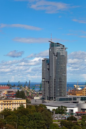 Port city of Gdynia in the background skyscraper Sea Towers.
