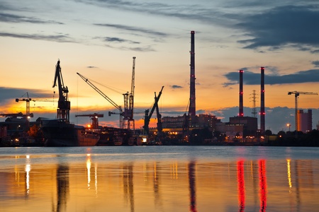 Industrial view at sunset in shipyard of Gdansk, Poland.のeditorial素材