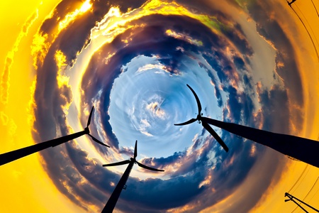 Wind power landscape at sunset.