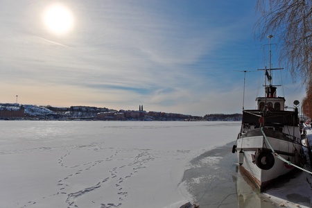 Scenic winter panorama of the Old Town in Stockholm, Sweden.の写真素材