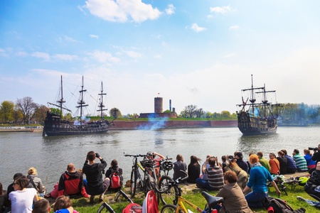GDANSK, POLAND - MAY 5: Reconstruction of the Sea Battle - Armed galleons attacking the fortress...
