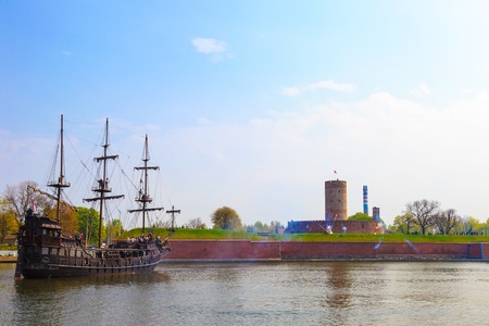 GDANSK, POLAND - MAY 5: Reconstruction of the Sea Battle - Armed galleons attacking the fortress...