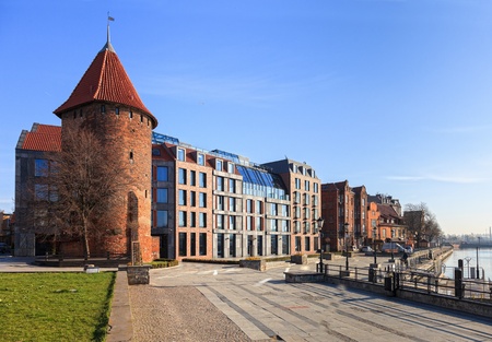 Swan Tower along the waterfront Motlawa in Gdansk, Poland.