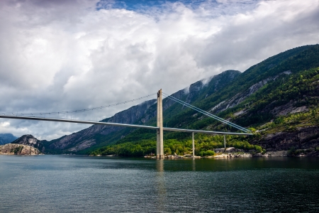 Cable-stayed bridge in the mountains, Norway の写真素材