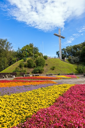  Garden in view of the large steel cross in Gdynia, Poland の写真素材