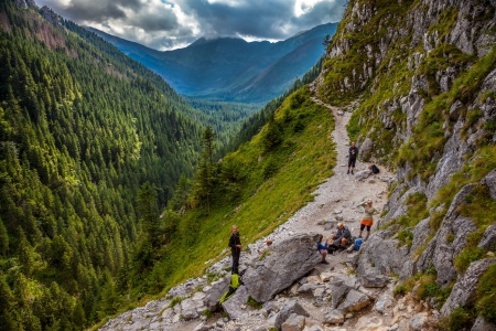 Moment of rest after an exhausting march in Tatra Mountains, Poland.のeditorial素材
