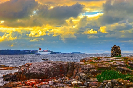 Cruise ship leaving port leaving the Port of Stavanger, Norway の写真素材