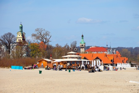 People resting at Sopot beach on a sunny spring day. Photo taken on: May 01st, 2013 のeditorial素材