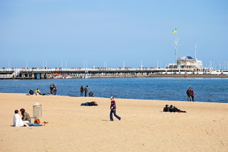 People resting at Sopot beach on a sunny spring day. Photo taken on: May 01st, 2013 のeditorial素材