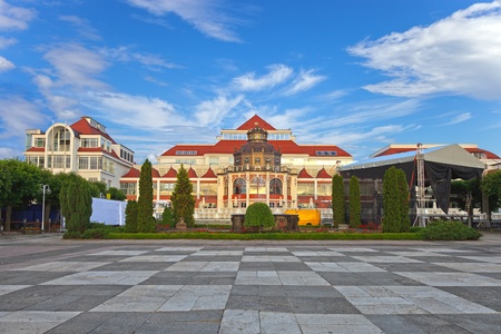 Health Spa House and restaurant with red roof tile against blue sky, Sopot, Poland のeditorial素材