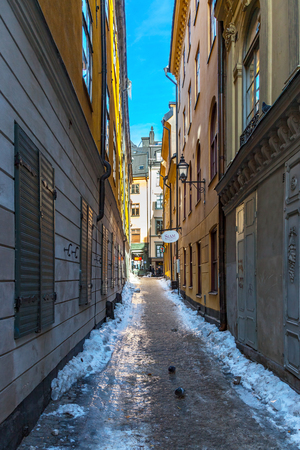 Picturesque narrow street in Old Town in Stockholm, Sweden のeditorial素材