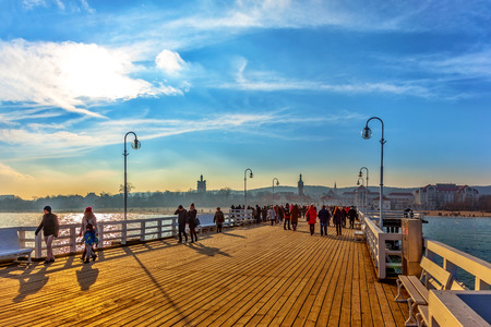 Tourists walking on the Sopot Pier longest wooden pier in Europe のeditorial素材