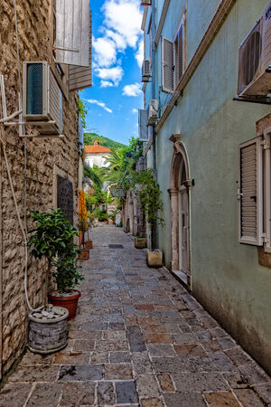 Picturesque narrow street in Old Town in Budva, Montenegro.のeditorial素材