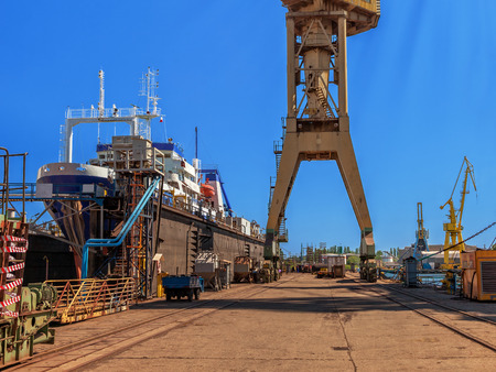 Ship is being renovated in shipyard Gdansk, Poland.