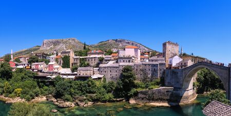 View at the Old Town in Mostar with emerald river Neretva. Bosnia and Herzegovina.の写真素材