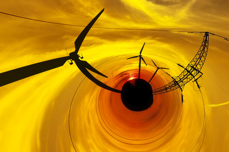 Silhouette power line tower on sunset - abstraction view.