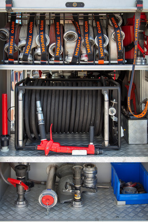 Details of rescue and firefighting truck equipment on August 21, 2010 in Sopot, Poland.のeditorial素材