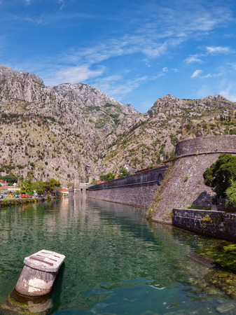 Skurda river and city wall fortification in Kotor, Montenegro.のeditorial素材
