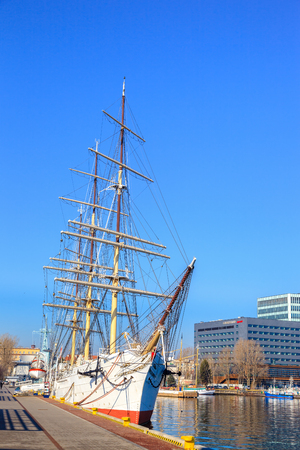 Polish training tall ship Dar Pomorza moored at the wharf in port on March 18, 2015 in Gdynia, Poland.のeditorial素材